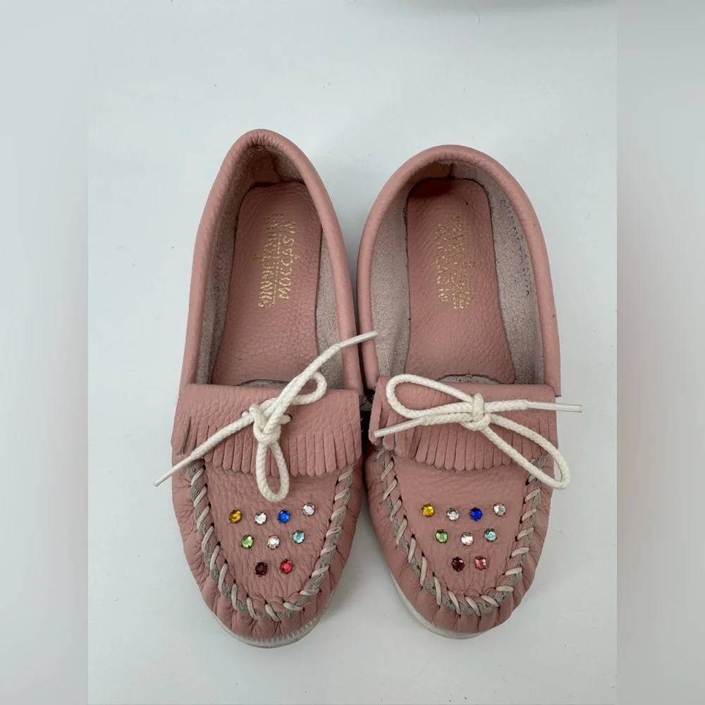 Minnetonka Pink Leather Rhinestones Moccasins Size 3